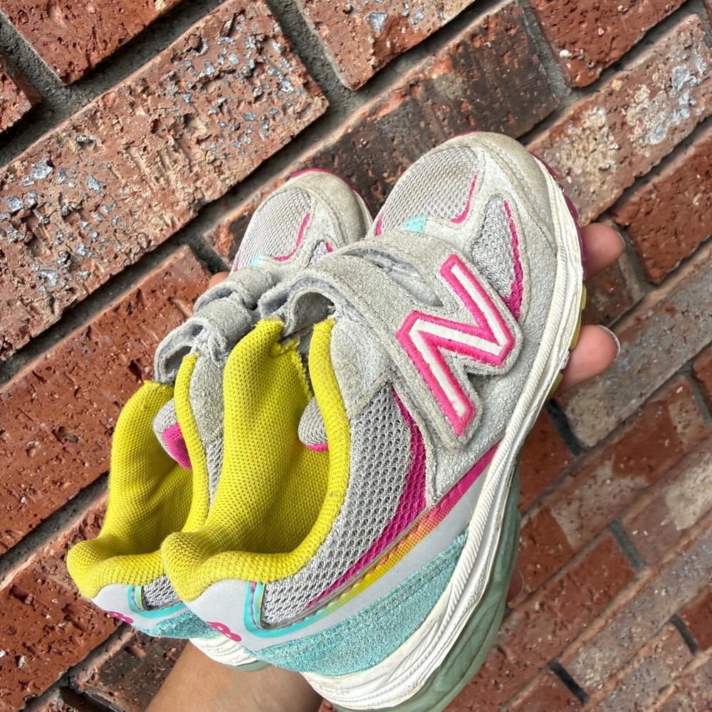 New Balance 888v2 Kids Size 8W Grey Pink Yellow Hook Loop Sneakers Good IO888GR2